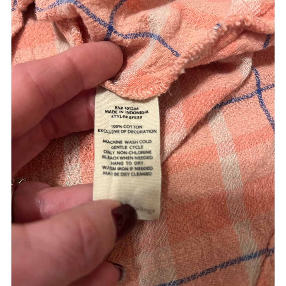 Soft Surroundings 2X Pink Peach Vneck tunic cotton plaid Lagen beach cottage top - Picture 6 of 9